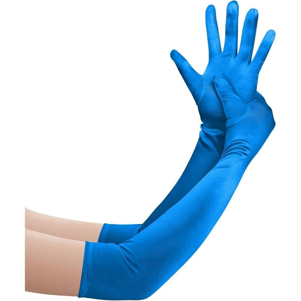 Women's Blue Long Satin Opera Fabric Gloves Party Tea Stretchy Elbow Length
